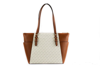 Michael Kors Charlotte Signature Tote Bag aus Leder mit großem Reißverschluss oben (Vanille)