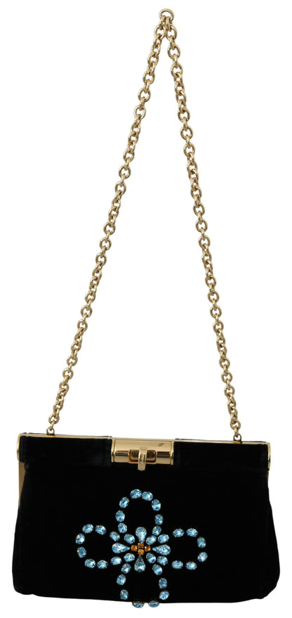 Dolce & Gabbana Black Velvet Crystal Studs Women Crossbody Sling Borse Bag