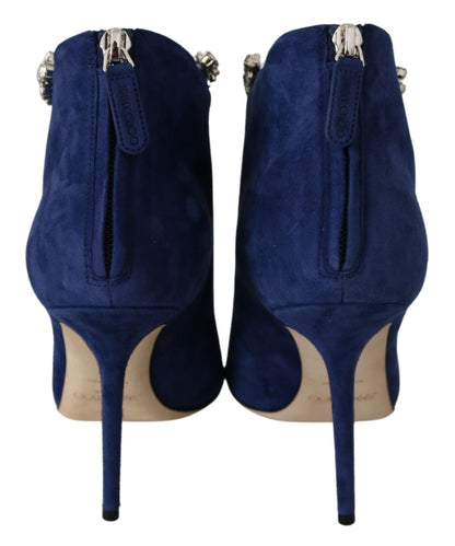 Jimmy Choo Pop Blaue Stiefel mit Kristallriemen und Absatz
