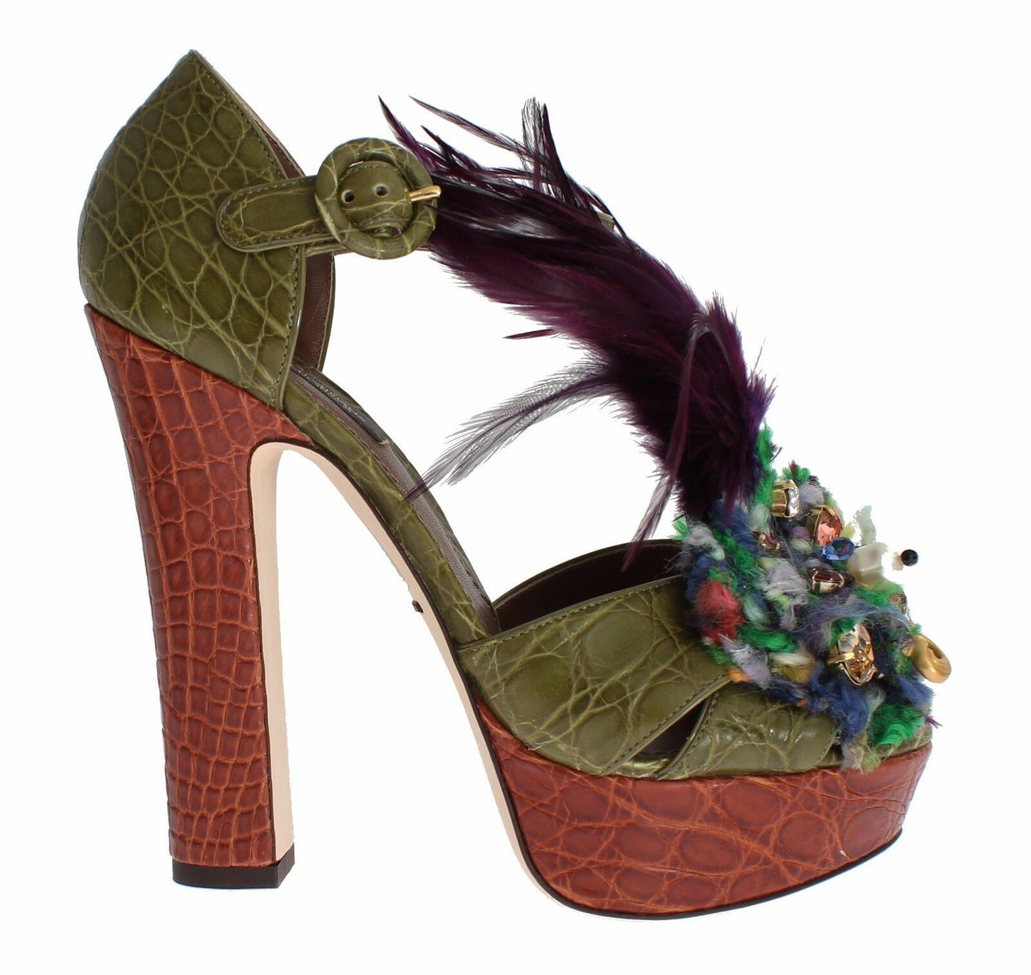 Sandales à plateforme en cuir vert et cristaux Dolce &amp; Gabbana