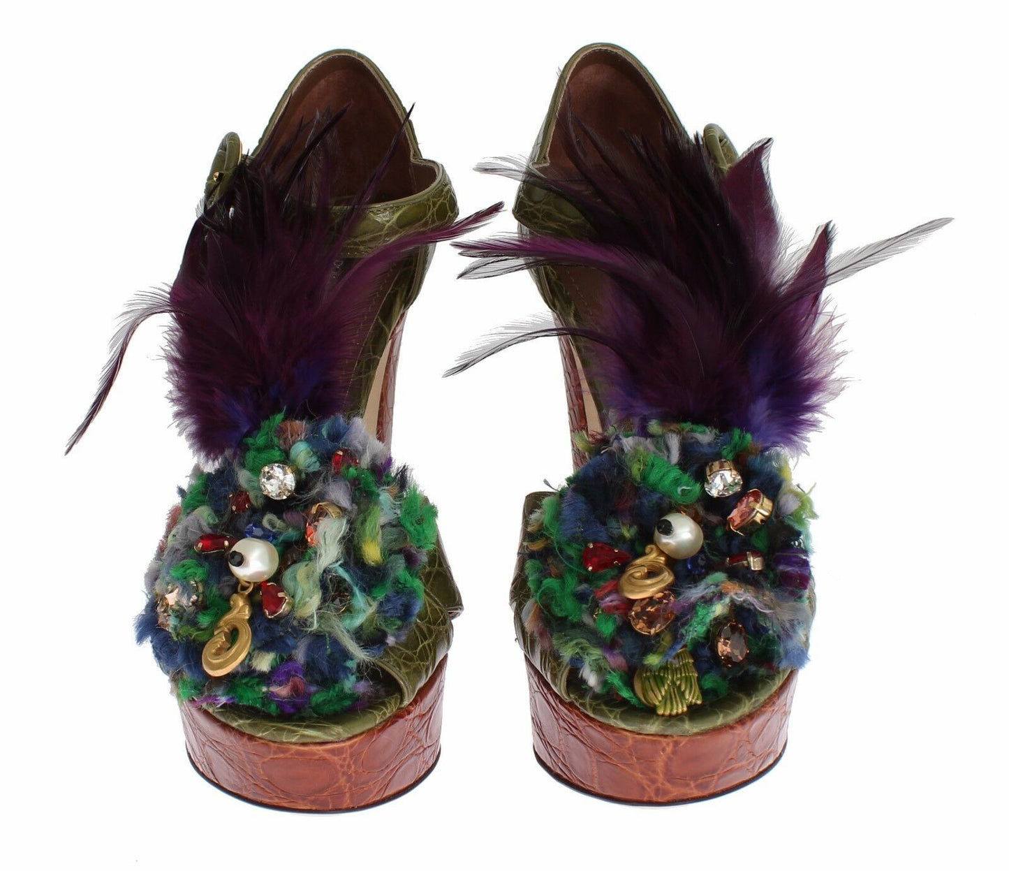 Sandales à plateforme en cuir vert et cristaux Dolce &amp; Gabbana