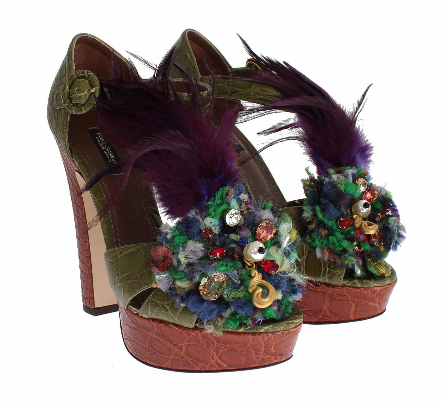 Sandales à plateforme en cuir vert et cristaux Dolce &amp; Gabbana
