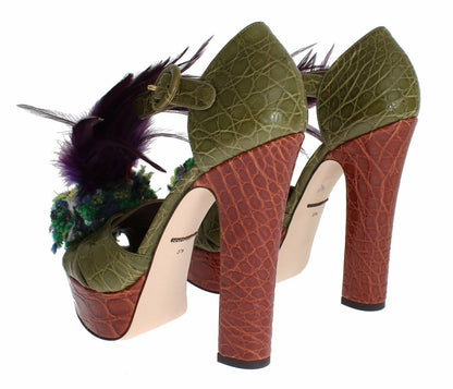 Sandales à plateforme en cuir vert et cristaux Dolce &amp; Gabbana