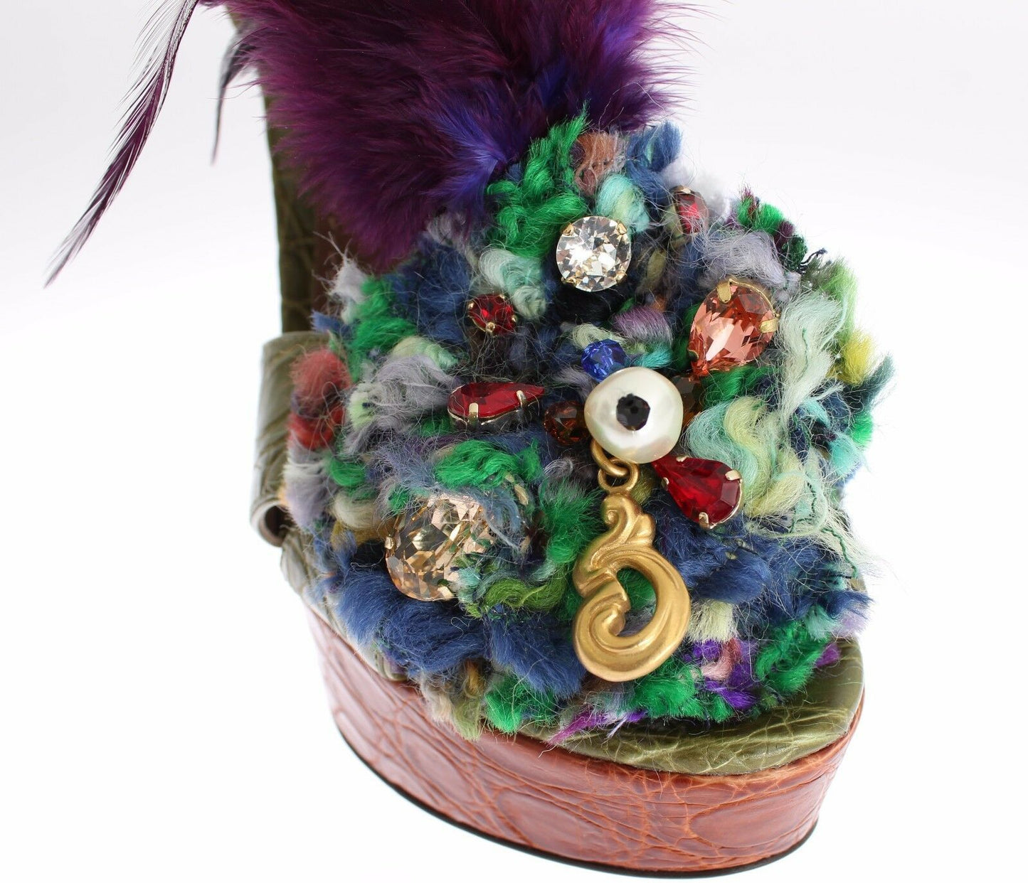 Sandales à plateforme en cuir vert et cristaux Dolce &amp; Gabbana