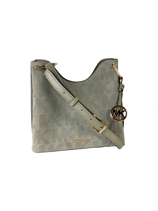 Michael Kors Joan Große, lässige Messenger-Handtasche aus perforiertem Wildleder (Armeegrün)