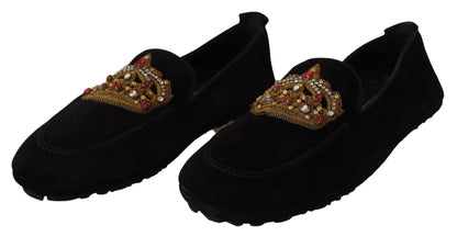 Mocassins Dolce &amp; Gabbana en cuir noir avec couronne dorée et cristaux
