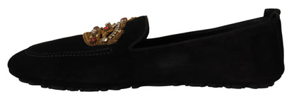 Mocassins Dolce &amp; Gabbana en cuir noir avec couronne dorée et cristaux