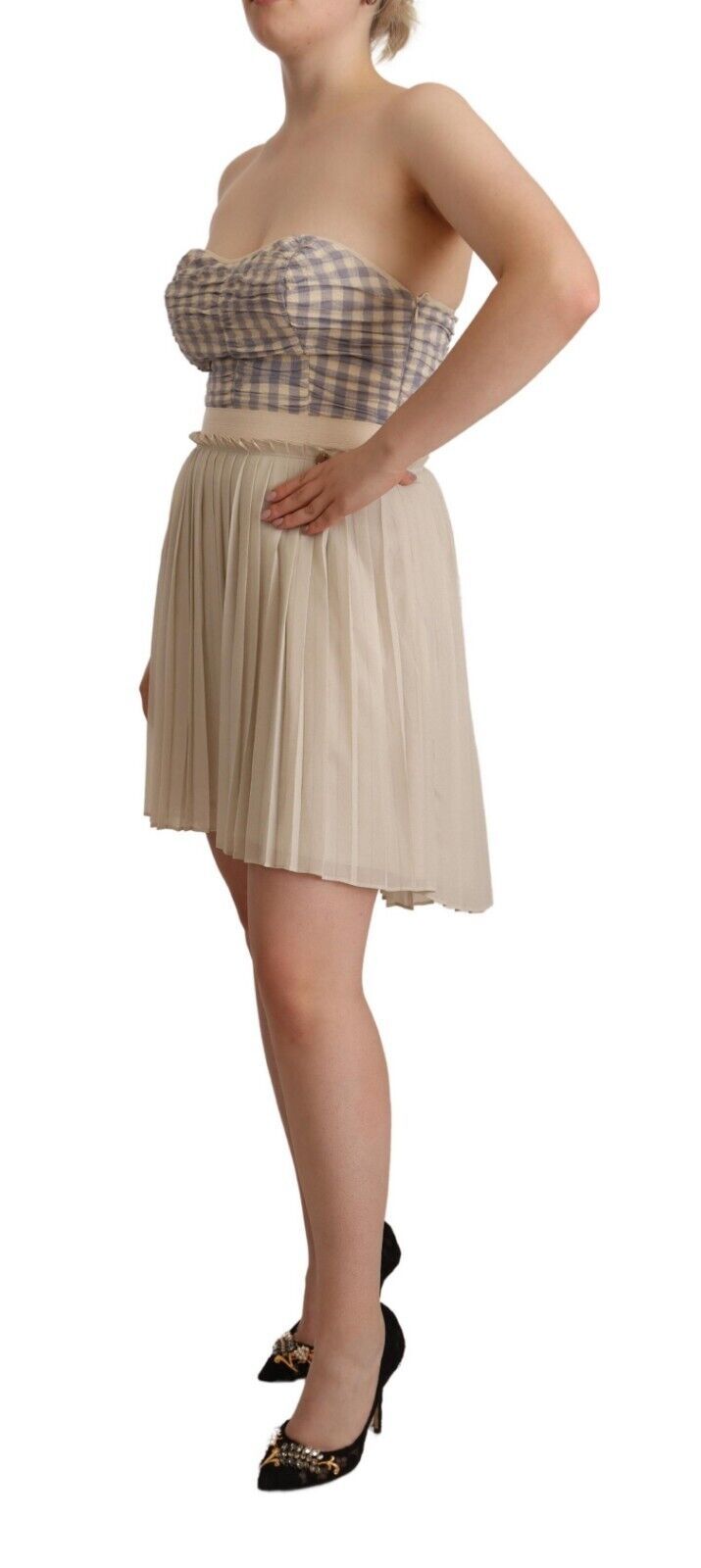 Guess Beige kariertes, plissiertes A-Linien-Bustierkleid ohne Träger
