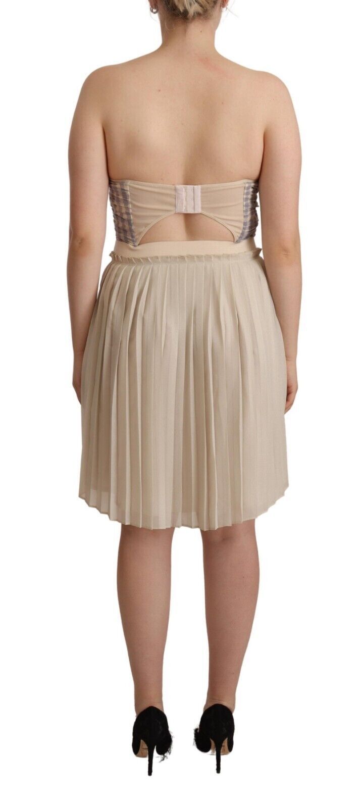 Guess Beige kariertes, plissiertes A-Linien-Bustierkleid ohne Träger