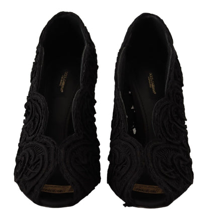 Dolce & Gabbana Black Cordonetto Ricamo Pump Open Toe Shoes