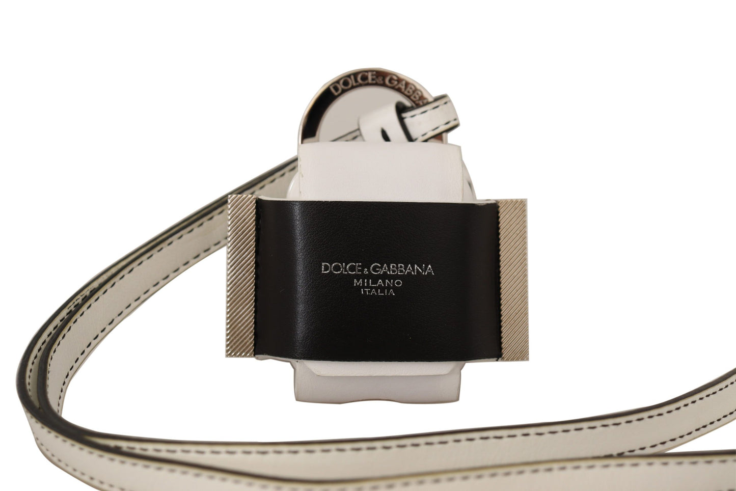 Étui pour Airpods Dolce &amp; Gabbana avec bracelet en cuir blanc et noir et logo en métal argenté