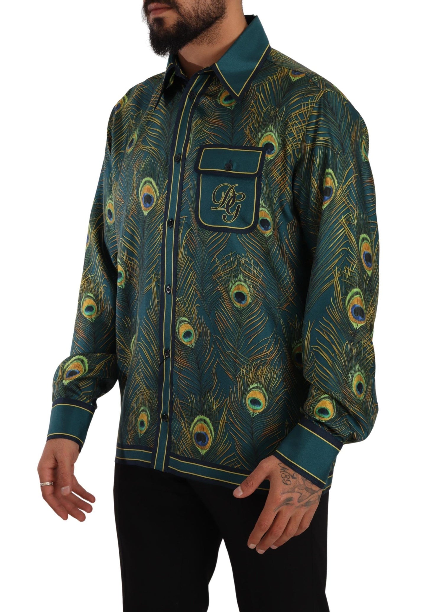 Chemise de pyjama en soie à imprimé plumes de paon Dolce &amp; Gabbana pour homme