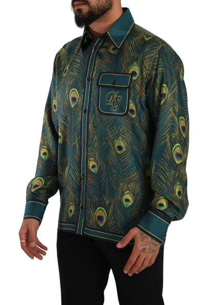 Chemise de pyjama en soie à imprimé plumes de paon Dolce &amp; Gabbana pour homme