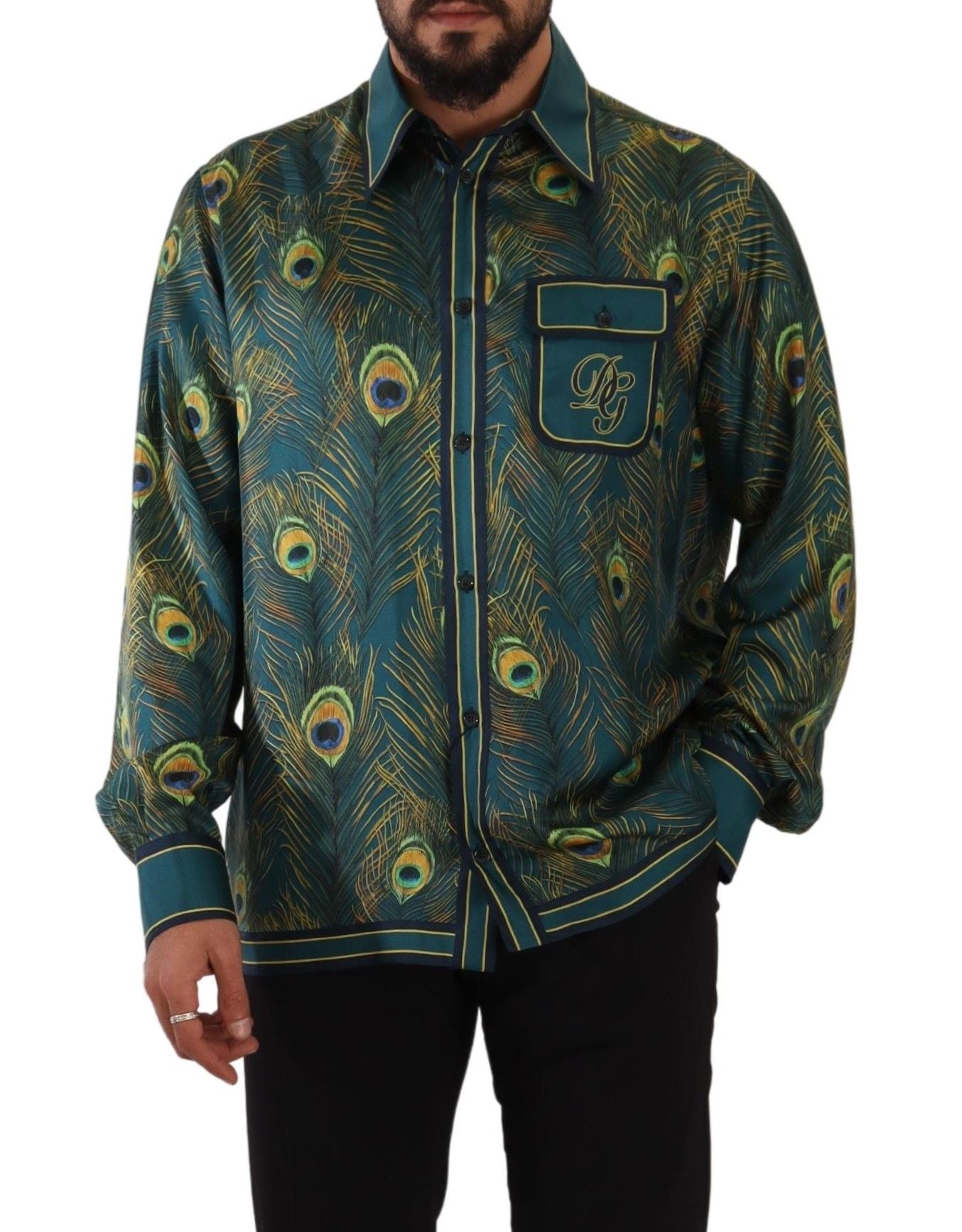 Chemise de pyjama en soie à imprimé plumes de paon Dolce &amp; Gabbana pour homme