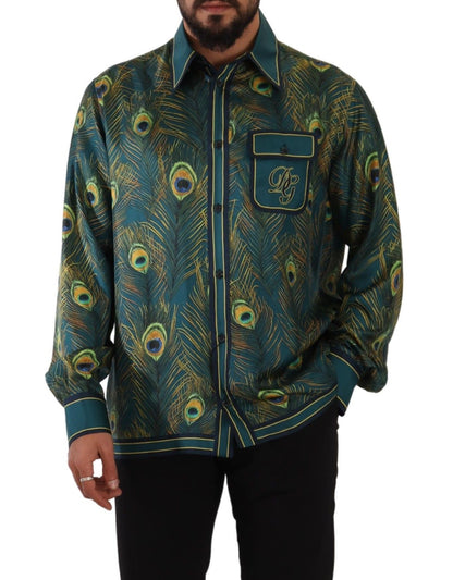 Chemise de pyjama en soie à imprimé plumes de paon Dolce &amp; Gabbana pour homme