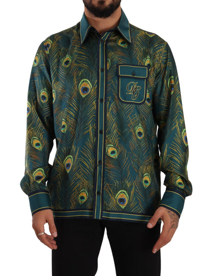 Chemise de pyjama en soie à imprimé plumes de paon Dolce &amp; Gabbana pour homme
