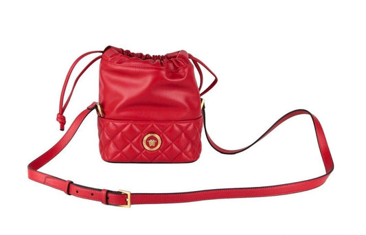 Versace – Rote gesteppte Leder-Umhängetasche mit Kordelzug