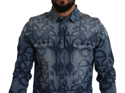 Chemise slim décontractée en denim bleu stretch avec logo DG pour homme Dolce &amp; Gabbana