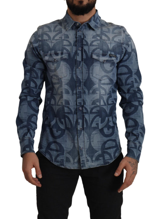 Chemise slim décontractée en denim bleu stretch avec logo DG pour homme Dolce &amp; Gabbana