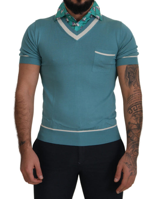 Polo en soie bleu Dolce &amp; Gabbana pour homme, t-shirt col V