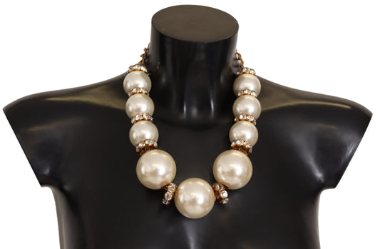 Dolce & Gabbana Gold Brass White Maxi Faux Pearl Beads Crystals Necklace