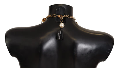 Dolce & Gabbana Gold Brass White Maxi Faux Pearl Beads Crystals Necklace
