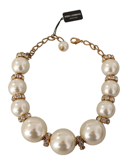 Dolce & Gabbana Gold Brass White Maxi Faux Pearl Beads Crystals Necklace