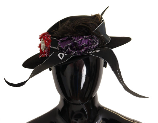 Chapeau Fedora Dolce &amp; Gabbana avec broche en forme de cœur et plumes en cristal noir