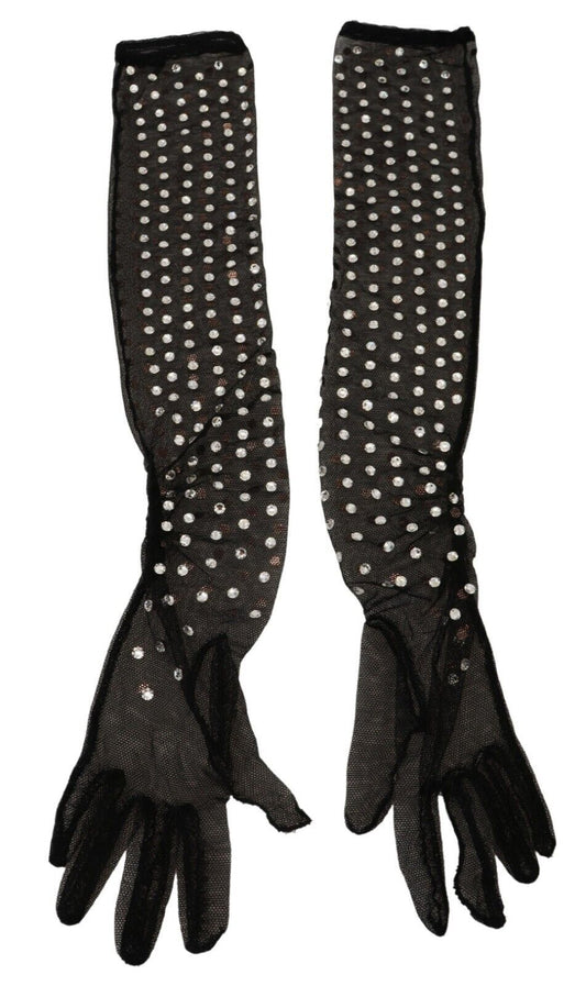 Gants en tulle de coton à cristaux noirs Dolce &amp; Gabbana