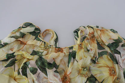 Dolce & Gabbana Yellow Floral Print Pleated Maxi Silk Dress
