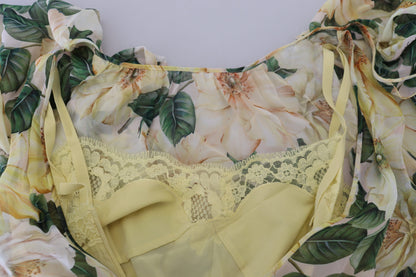 Dolce & Gabbana Yellow Floral Print Pleated Maxi Silk Dress