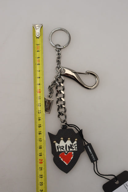 Dolce & Gabbana Black Prince Studs Logo Silver Brass Keychain