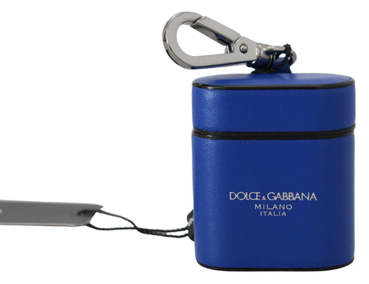 Étui pour Airpods Dolce &amp; Gabbana en cuir bleu avec logo en métal argenté