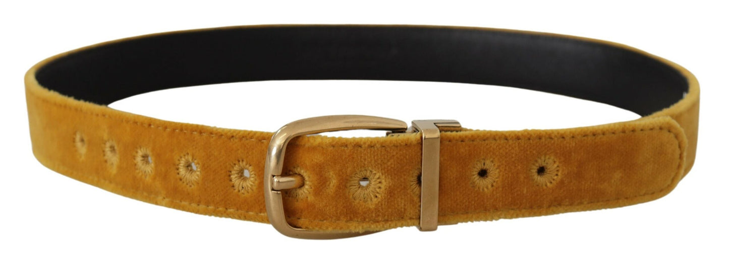 Ceinture Dolce &amp; Gabbana en velours moutarde avec boucle en métal gravée du logo doré