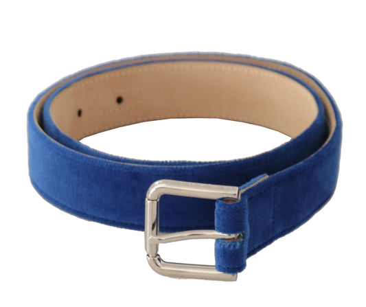 Ceinture Dolce &amp; Gabbana en velours bleu avec boucle en métal gravée du logo argenté