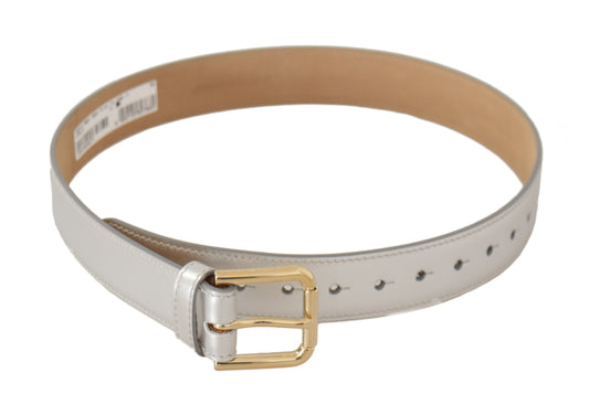Ceinture Dolce &amp; Gabbana en cuir argenté avec logo doré et boucle en métal