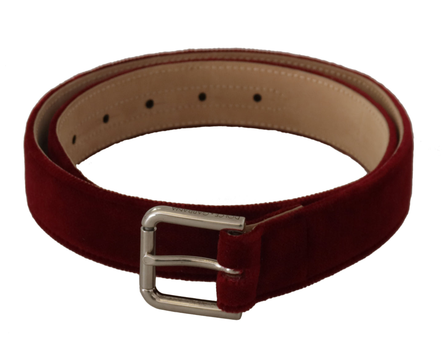 Ceinture Dolce &amp; Gabbana en velours rouge avec boucle en métal gravée du logo argenté