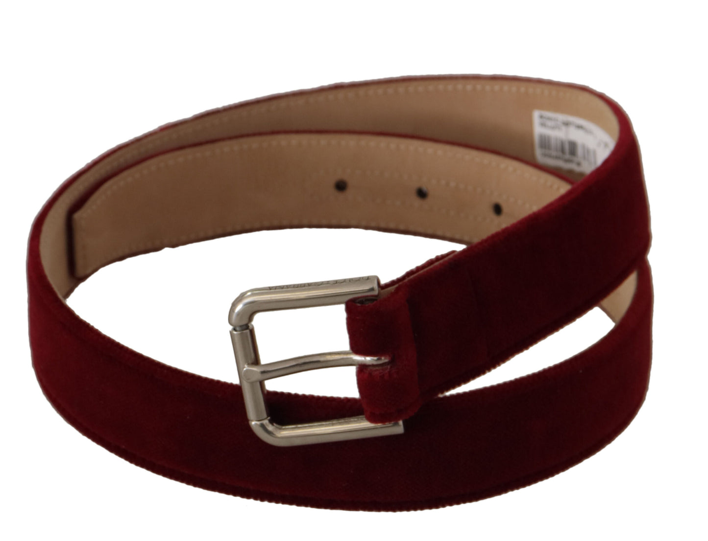 Ceinture Dolce &amp; Gabbana en velours rouge avec boucle en métal gravée du logo argenté