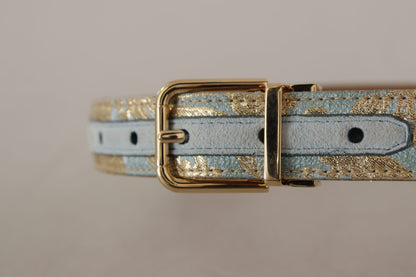 Ceinture Dolce &amp; Gabbana en cuir bleu jacquard avec boucle en métal doré gaufré