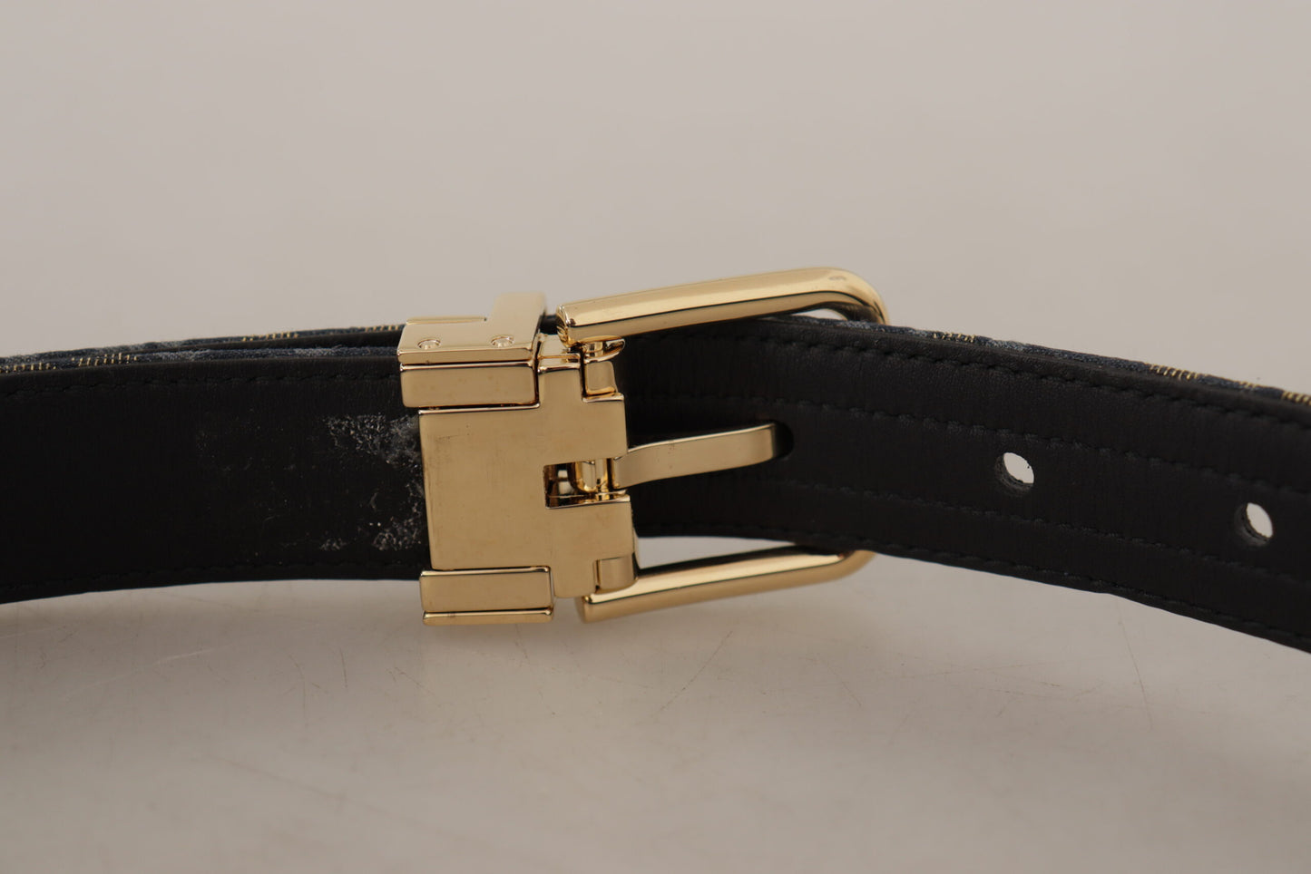Ceinture Dolce &amp; Gabbana bleu marine en jacquard avec logo doré et boucle en métal