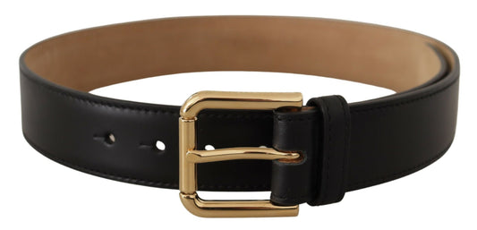 Ceinture classique en cuir noir massif Dolce &amp; Gabbana avec boucle dorée