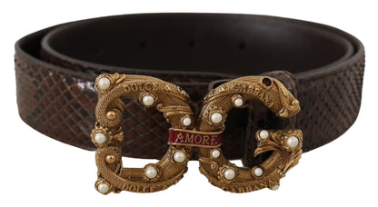 Ceinture à boucle logo en cuir exotique à imprimé animalier Dolce &amp; Gabbana marron Amore