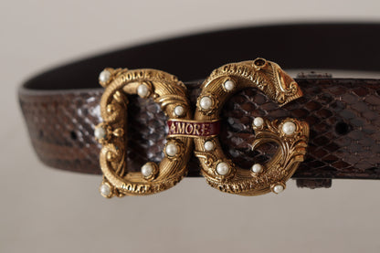 Ceinture à boucle logo en cuir exotique à imprimé animalier Dolce &amp; Gabbana marron Amore