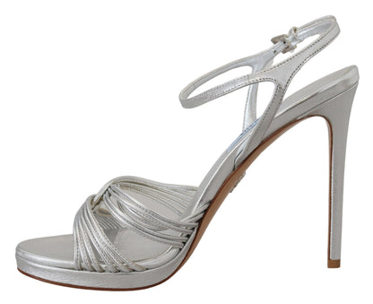 Prada Silberne Ledersandalen mit Knöchelriemen und Stilettoabsatz