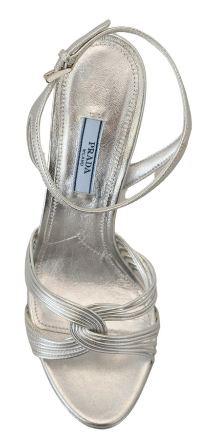 Prada Silberne Ledersandalen mit Knöchelriemen und Stilettoabsatz