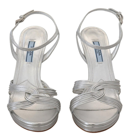 Prada Silberne Ledersandalen mit Knöchelriemen und Stilettoabsatz