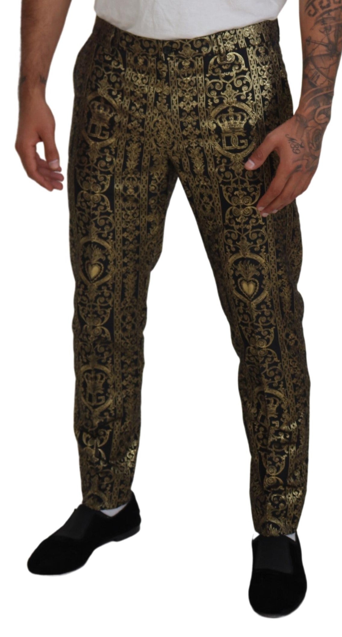 Pantalon habillé en jacquard noir et or Dolce &amp; Gabbana