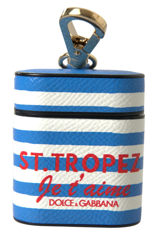 Étui pour Airpods Dolce &amp; Gabbana en cuir Dauphine à rayures bleues et logo imprimé
