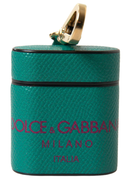 Étui pour Airpods Dolce &amp; Gabbana en cuir de veau vert marron avec logo imprimé