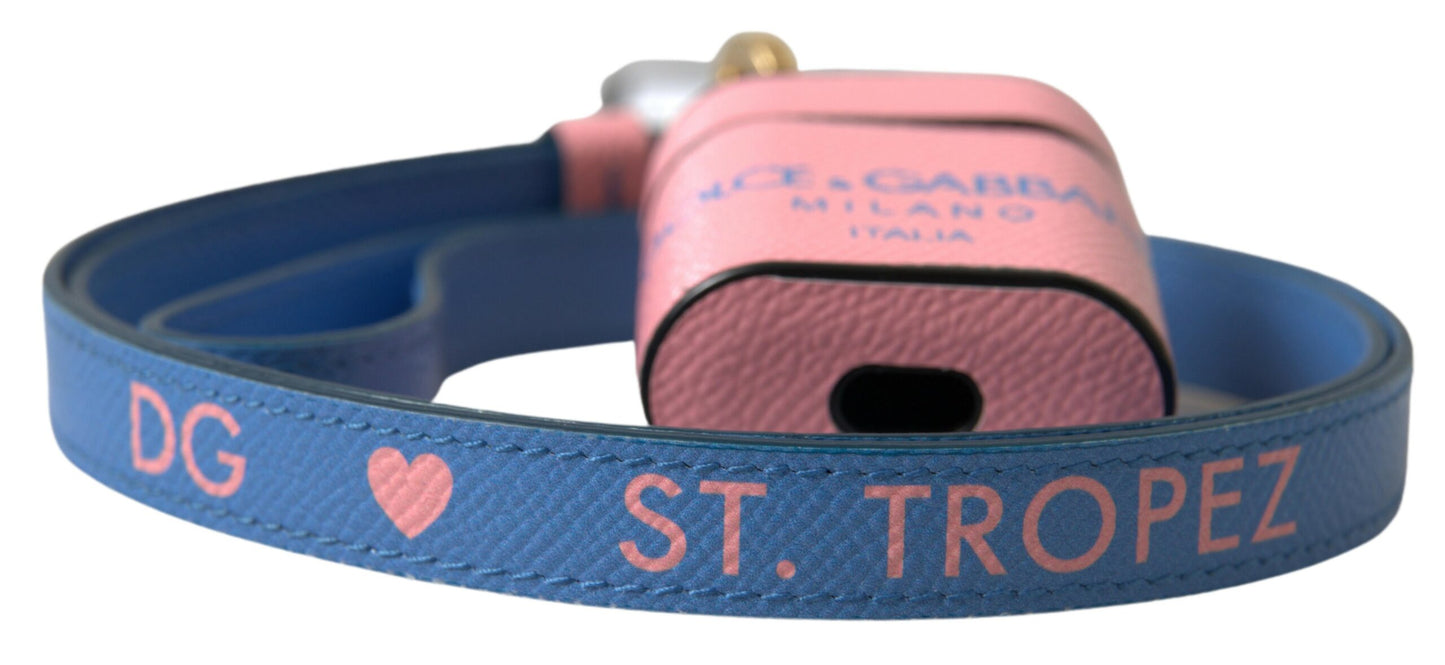 Étui pour Airpods Dolce &amp; Gabbana en cuir de veau rose et bleu avec logo imprimé